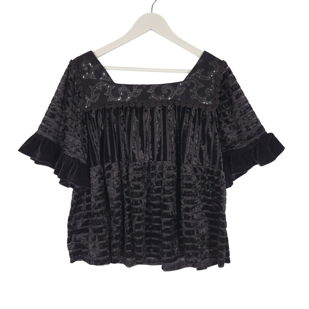 POL Velvet Mesh Blouse Womens Medium Black Sequin Embroidered Ruffle HWT136